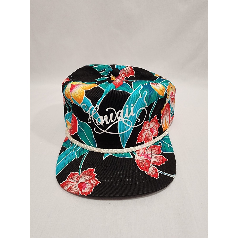 Vintage San Sun Hawaii Snapback Hat Tropical Floral Rope Trucker Cap Black OSFA